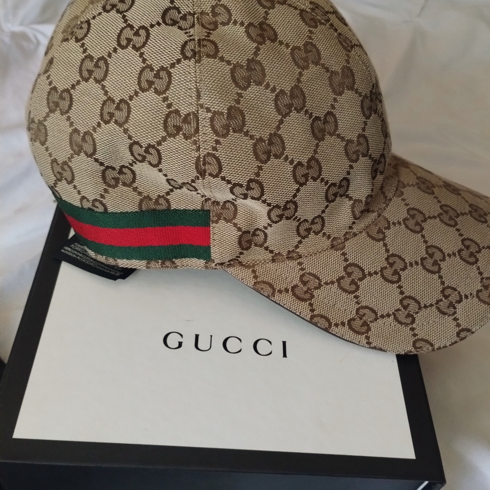 Gucci Tan and Green Monogram Hat